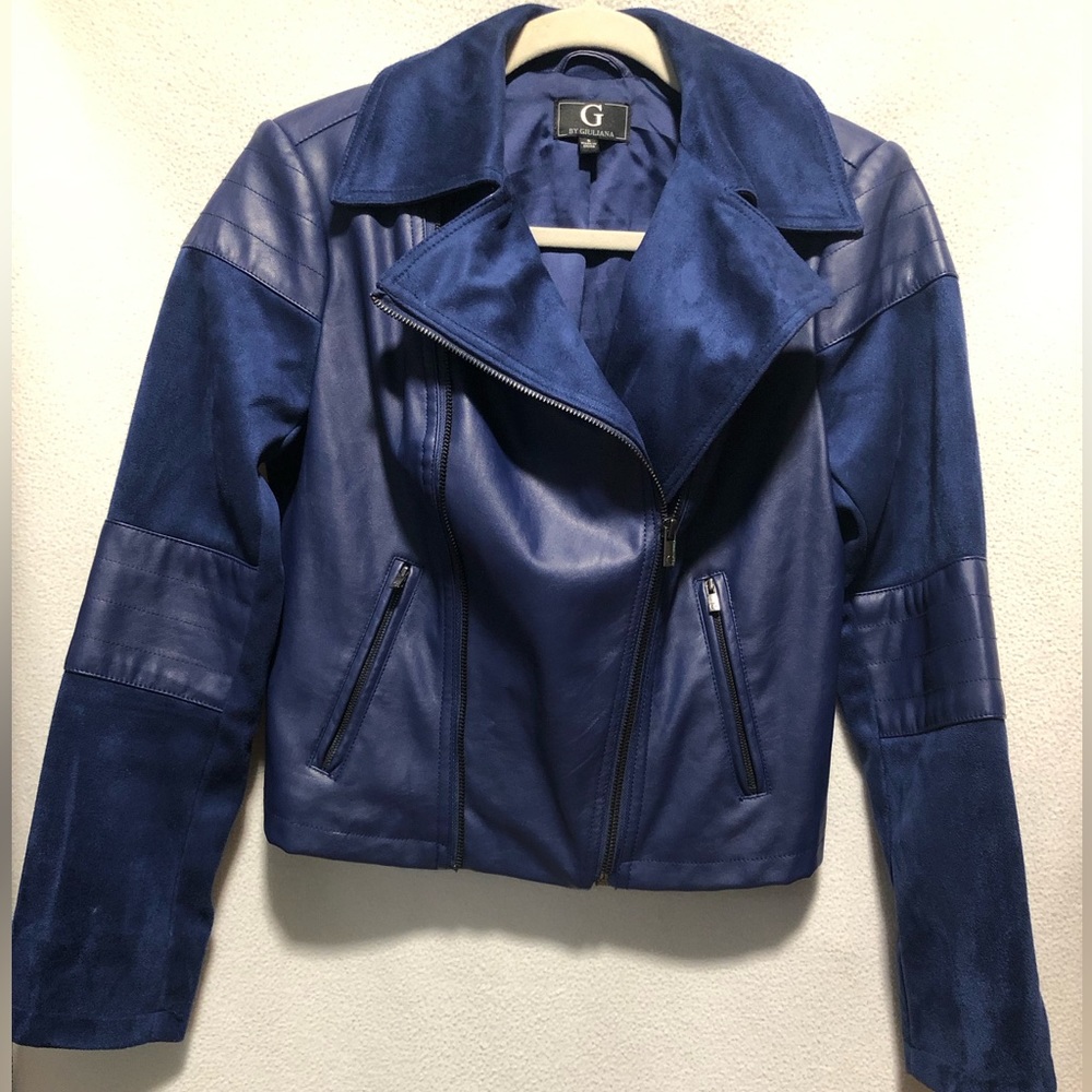 G by Guiliana Blue Vegan faux Leather Cropped Moto Jacket